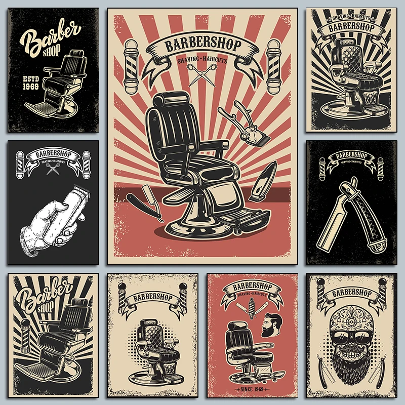 1pc frameless Canvas Painting Vintage Barber Shop Posters Classic Barber Chair Tools Man Shave Prints Canvas Painting Wall Art P