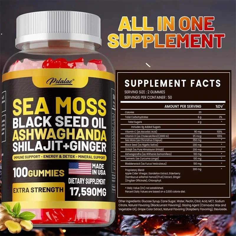 

Sea Moss, Black Seed Oil, Ashwagandha, Ginger, Shilajit Gummies - Improves Immunity, Digestion and Relieves Stress