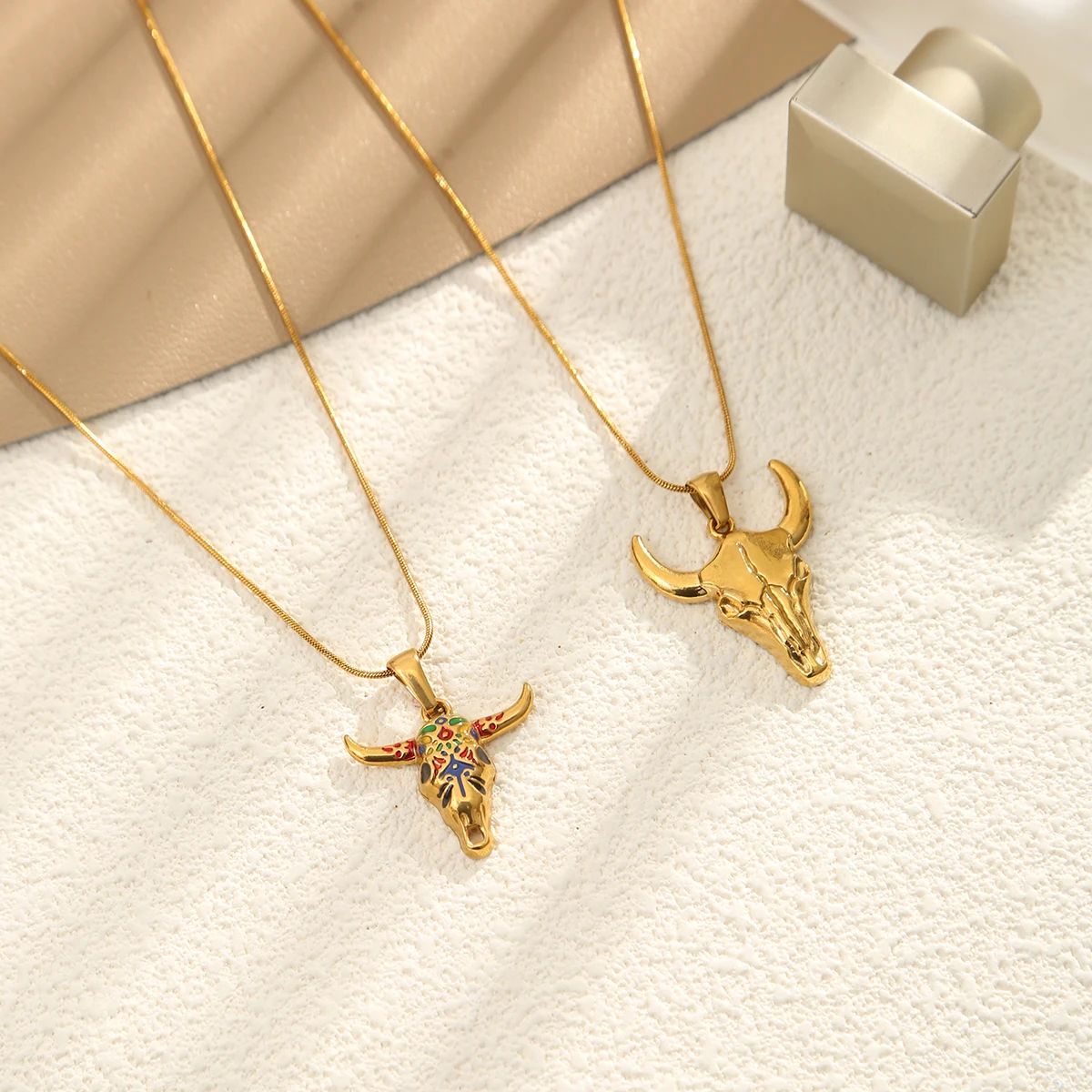 Fashion Style 18K Gold-Plated Bull Skull Pendant Necklaces For Women Men Vintage Cowboy Punk Stainless Steel Charm Jewelry