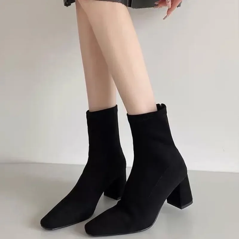 Short Boots for Women with Pointed Toes and Thick Heels for Autumn and Winter New Back Zipper Comfortable Naked Boots for Women