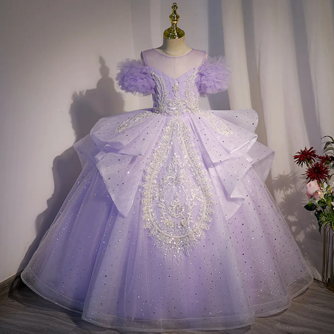 

2026 Luxury Embroidery Beads Princess Dresses For Girls Purple Sequined Ruffles Ball Gown Long Birthday Party Catwalk Show