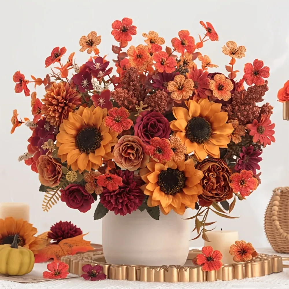 35 cm Künstlicher Seidenblumenstrauß, Sonnenblume, Gänseblümchen, Kunstblumen-Arrangement für Thanksgiving-Dekoration, Herbstdekoration für Zuhause und Hochzeit im Freien – Detail 8