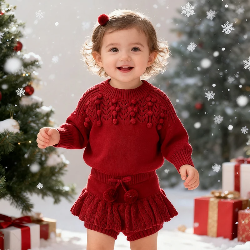2025 جديد الخريف عيد الميلاد 0-24 متر طفل رضيع الفتيات مجموعة ملابس بأكمام طويلة محبوك سترة + السراويل السنة الجديدة الاطفال الملابس دعوى