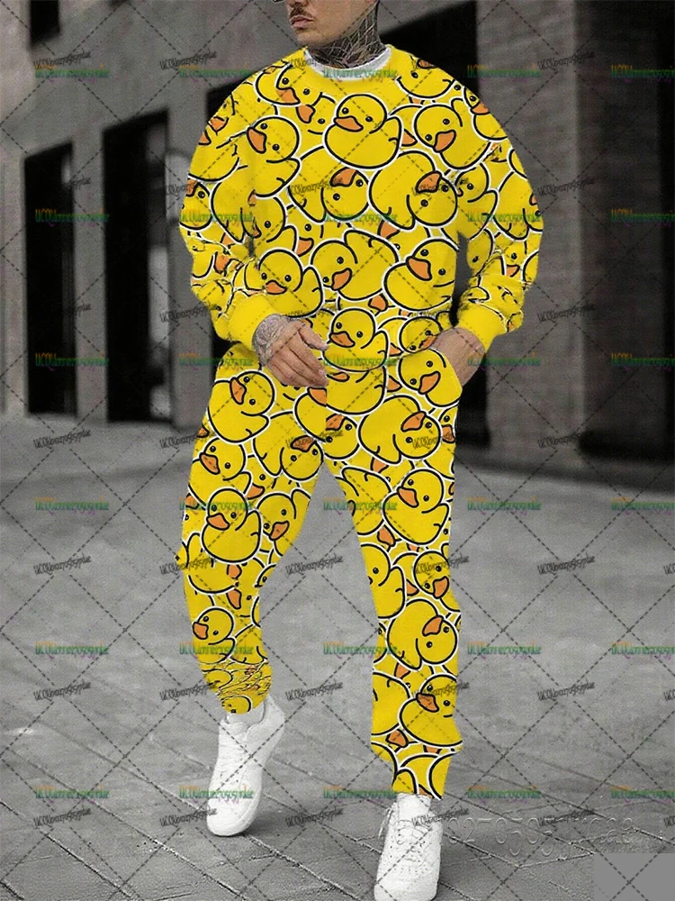 

Funny Yellow Duck Pattern Men's Tracksuit Sets Hoodies+Pants Suits Autumn Winter Hooded Sweatshirt Sets Men Women Clothing