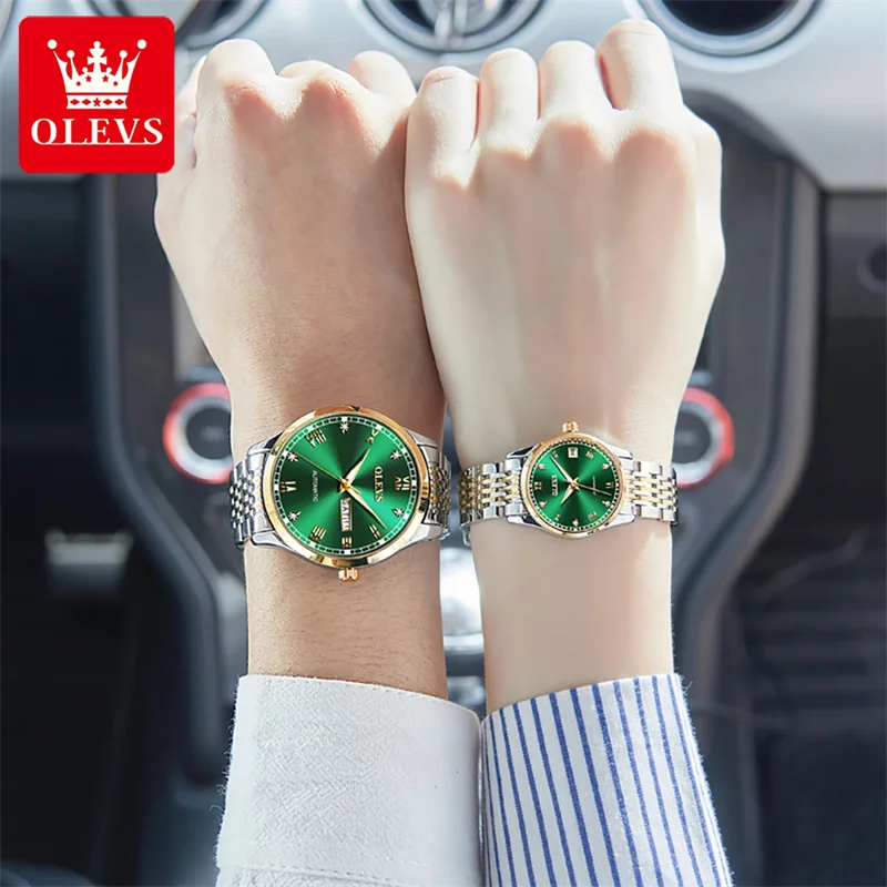 OLEVS-Montre de Couple en Acier Inoxydable pour Homme et Femme, Marque de Luxe, Étanche, Date Shoous, existent, Mécanique, Montre-Bracelet pour Amoureux