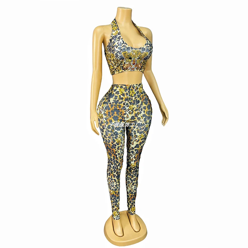2025 Sparkly Rhinestone Topเสือดาวพิมพ์กางเกงชุดนักร้องชุดCatwalkแสดงเวทีเครื่องแต่งกายไนท์คลับDs Dancewear