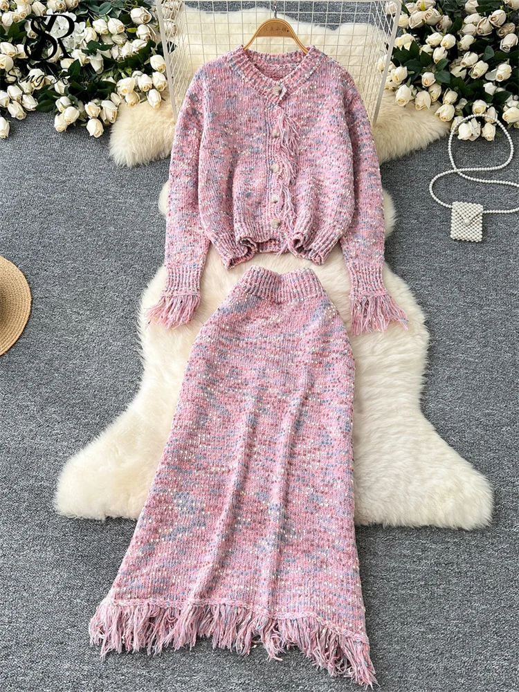 SINGREINY Knitwear Tassel Winter Suits V Neck Single Breasted Cardigan+High Elastic Slim Skirt Sweet Colorful Sweater Warm Sets