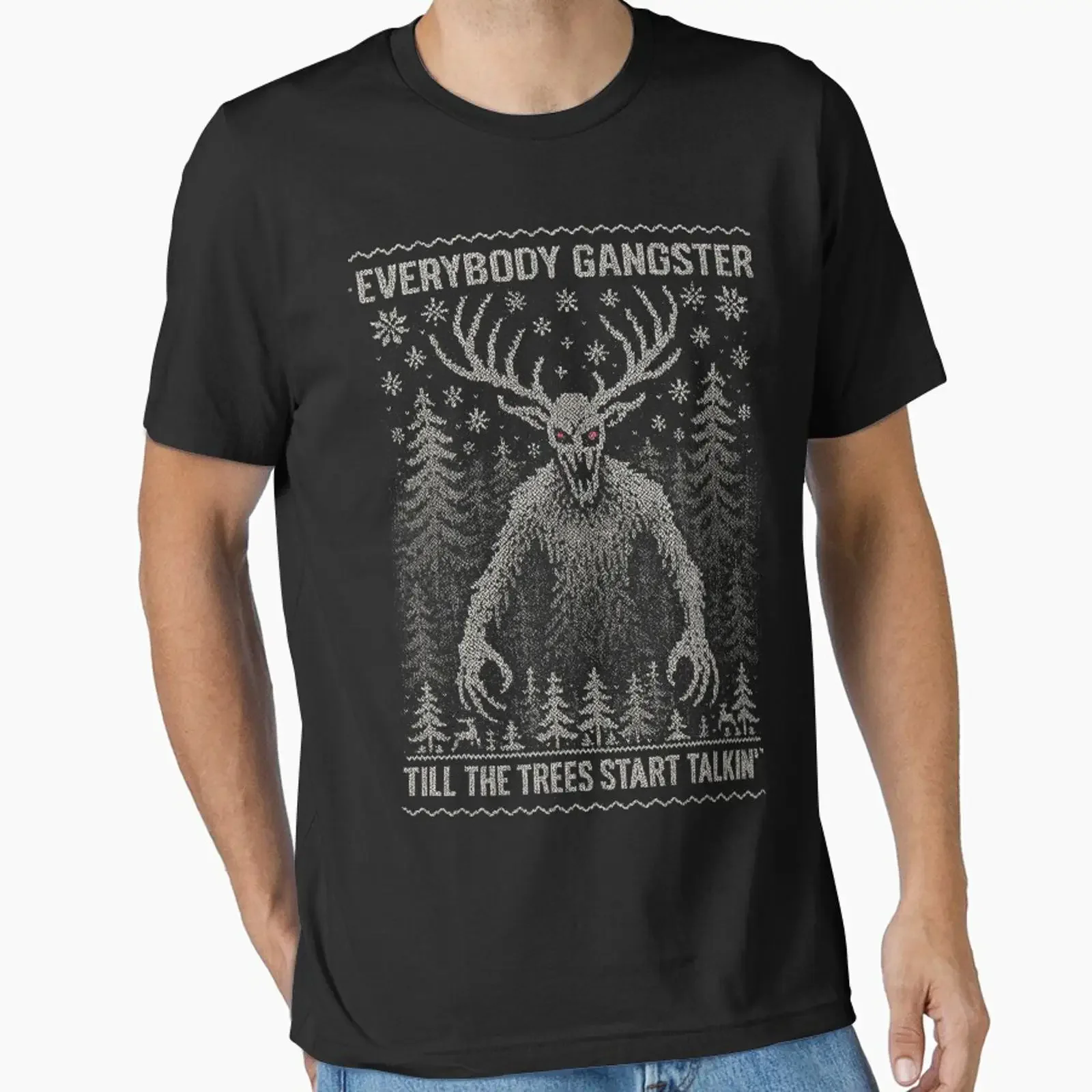 Funny Wendigo Everybody Gangster Till Trees Talk Ugly Christmas T Shirt Spooky Cryptid Meme Xmas Holiday  vintage Washed