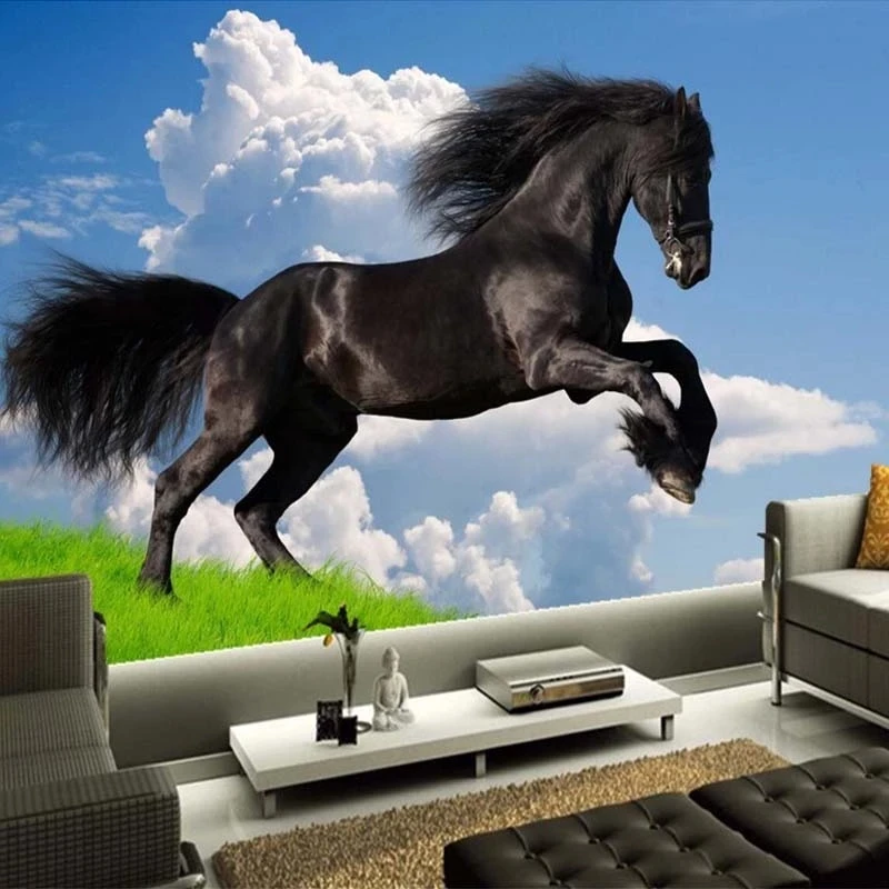 Custom 3D Nature Scenery Blue Sky White Clouds Black Horse Mural Wallpaper Living room sofa background wall bedroom restaurant