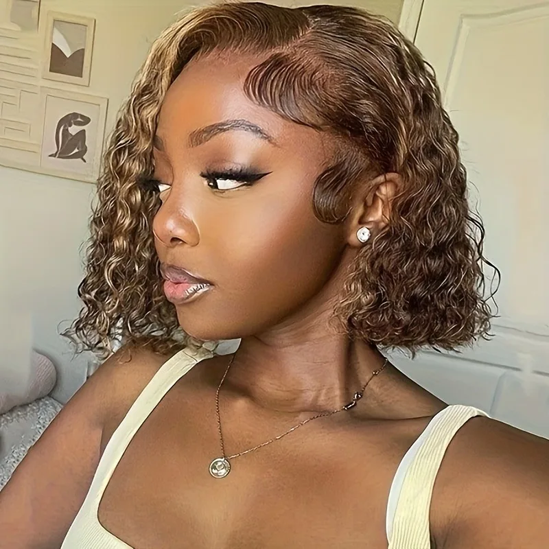 Pelucas delanteras de encaje resaltadas 4/27, cabello humano prearrancado, nudos blanqueados, 200 de densidad, 13x4 HD, ombré, rubio miel, cabello humano ondulado profundo