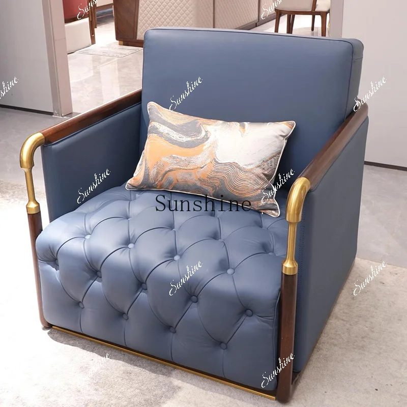 New Chinese style living room home rest area reception solid wood leather art office sofa simple  FT