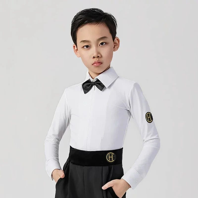 2026 Boy Latin Dance Competition Costume White Long Sleeve Top Practice Clothes Chacha Rumba Tango Kids Performance Wear DN24689