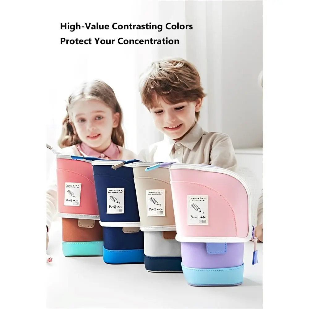 Gift 2-in-1 Standing Pencil Case Portable Vertical Student Pen Holder Retractable Pencil Bag Desk Supplies Holders view 3