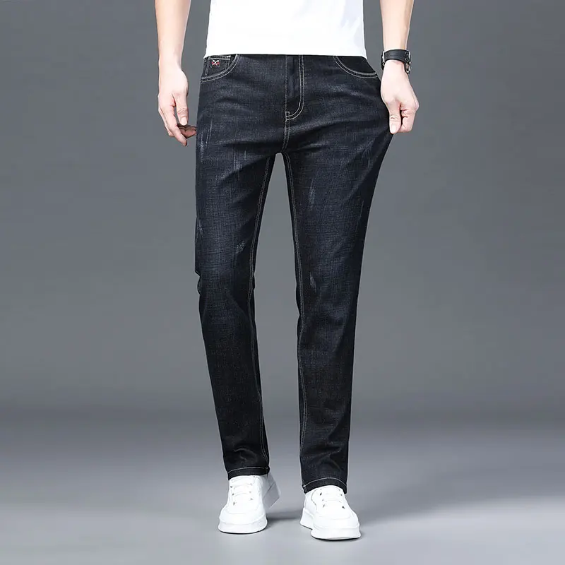 2024 Frühling klassischen Stil Herren blau reguläre Passform Jeans Business Casual Stretch Jeans hose männliche Marke Hose Bleistift hose