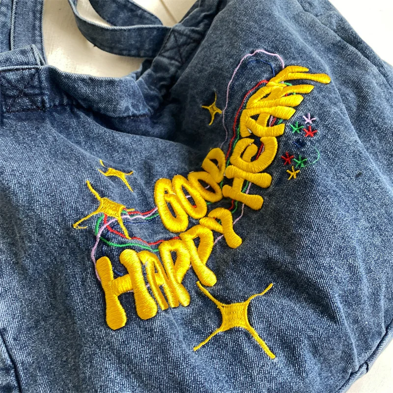 2024 New Embroidered Letter Medium Fabric Bag Hip Hop Denim Handbags Women's Luxury Designer Large Capacity Handbags and Wallets
