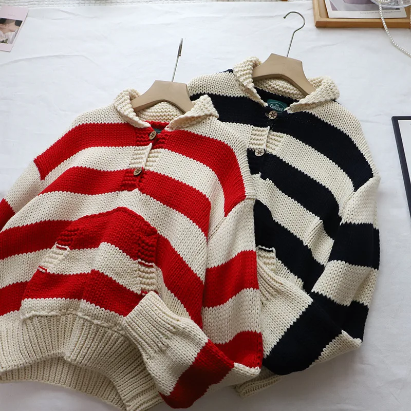 

Женский свитер с откидным воротником в красную полоску в стиле ретро, осень-зима, новый корейский свободный вязаный свитер с ленивым рукавом