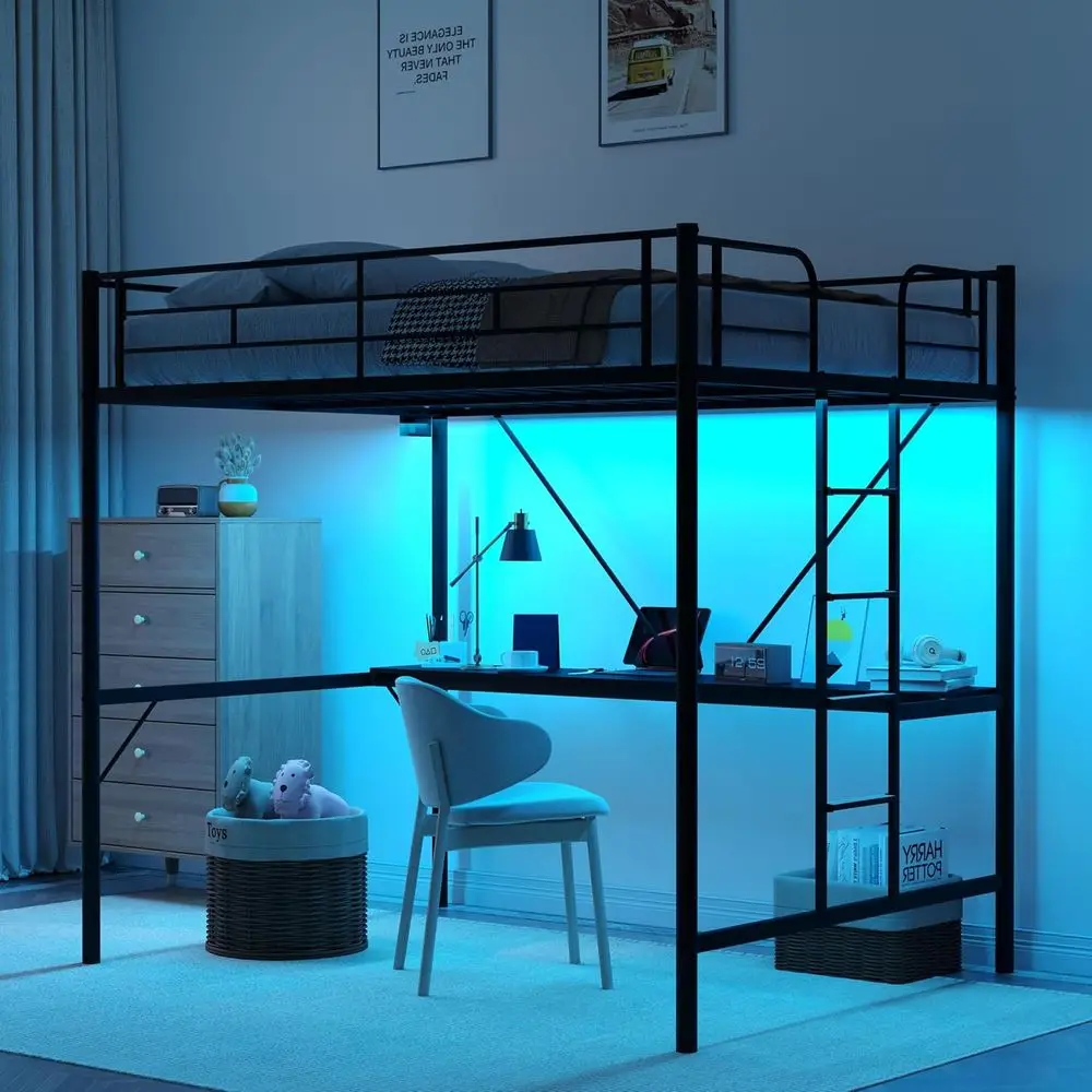VINGLI Twin Size Metal Loft Bunk Bed Frame for Kids Teens Adults with Desk Underneath,2 Charging Station,LED Lights,Safety Guard