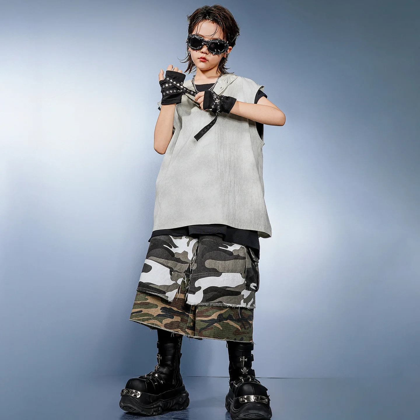 키즈 K팝 힙합 의류 그레이 후드티 탱크 케이프 컬러 블록 카모 카고 반바지 중간 바지 남아 여아 댄스 의상 옷