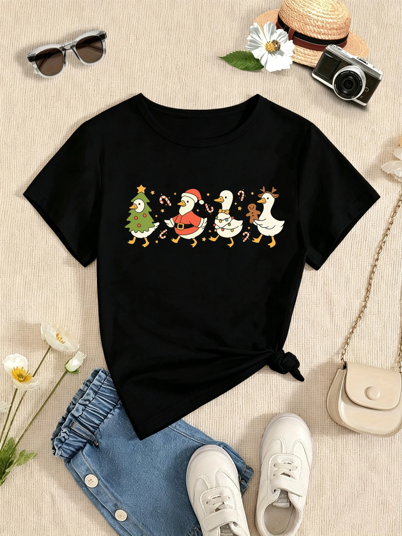 Christmas Goose Printed T Shirt Girls/Boys Christmas Gift T-Shirt Kawaii Kids Clothes White/Black/Blue/Purple T-Shirt