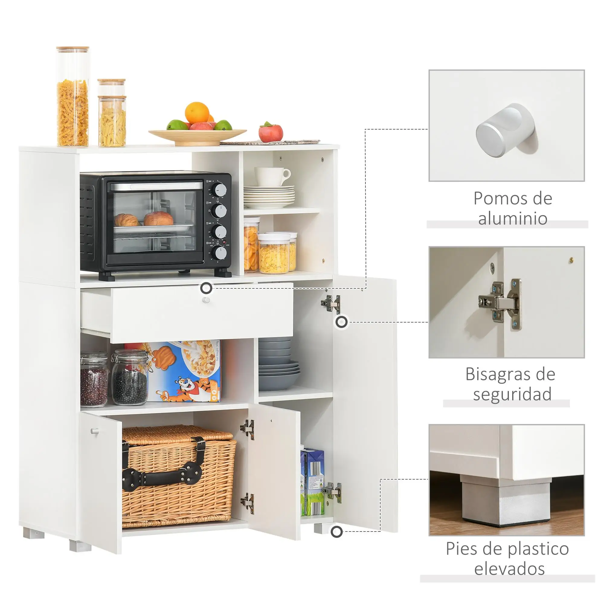 Buffet de cuisine 90x40x120cm blanc avec 3 portes et 1 porte coulissante pour micro-ondes
