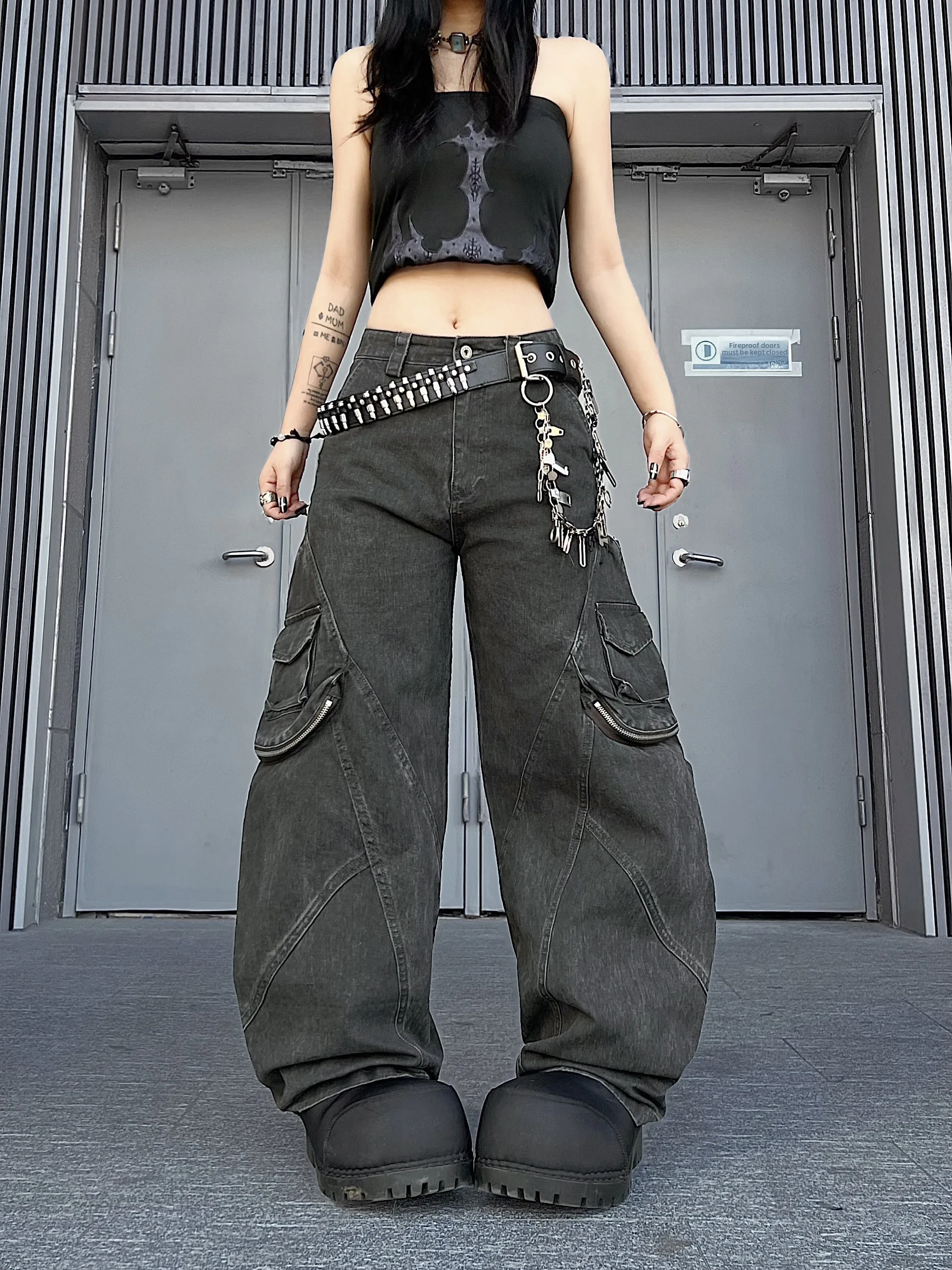 

American Sle Bruift Work Trousers with Large kets Loose Wide Leg Pants Vintage Proced Knife Casual Pants