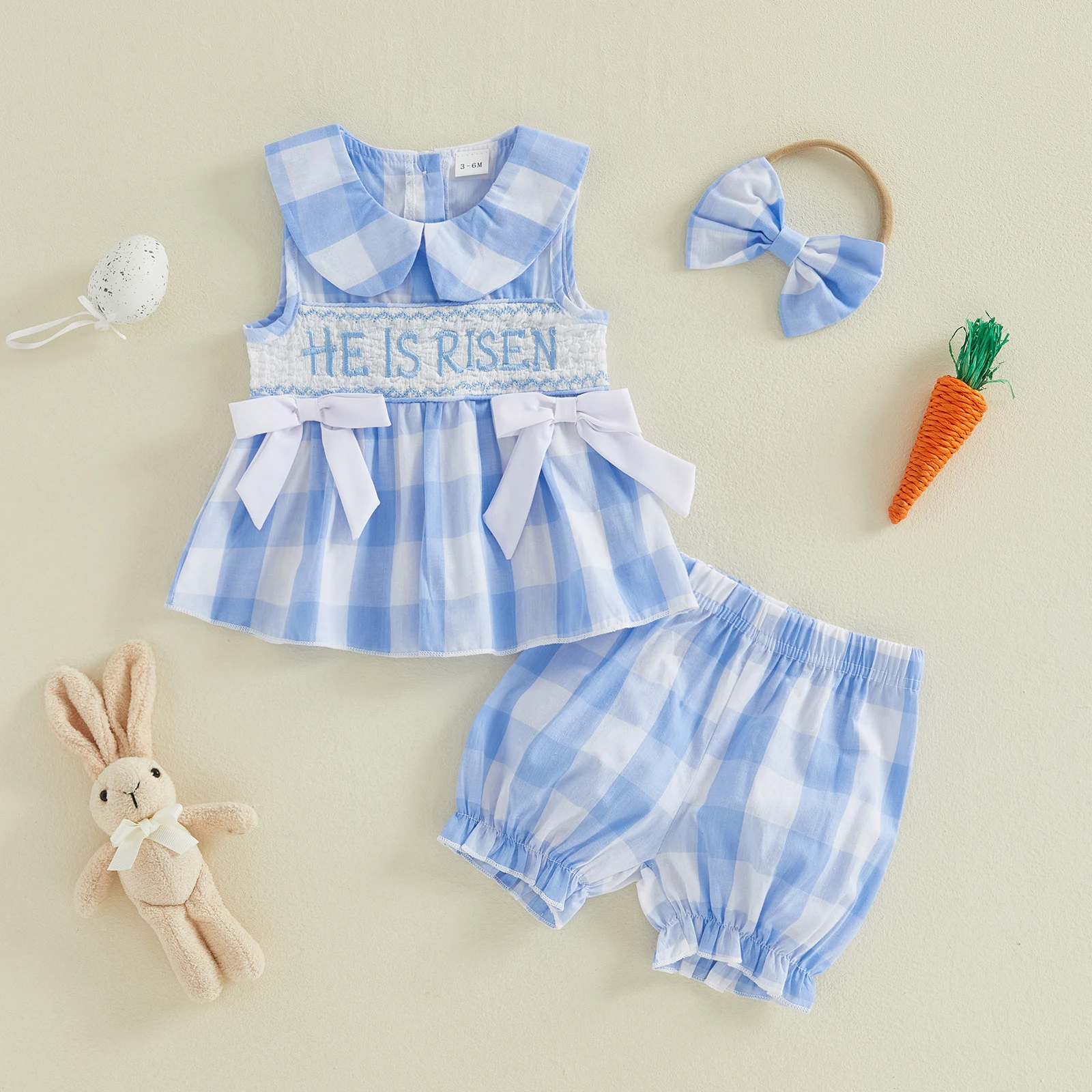 

Праздничный комплект для девочек на Пасху: повседневный комбинезон без рукавов с вышивкой и воротником-стойкой, топ-майка с надписями и шорты в клетку для малышей