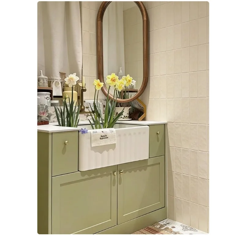 

Комплект мебели для ванной комнаты, тумба для ванной из окрашенного дуба, встроенный умывальник, раковина от пола до потолка