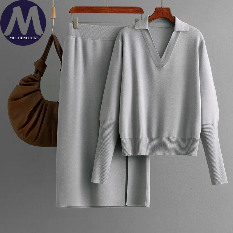 

Женский комплект из 2 предметов, осенне-зимний новый повседневный вязаный свитер с воротником-поло, топы, костюмы, модные комплекты с юбкой со свободной грудью