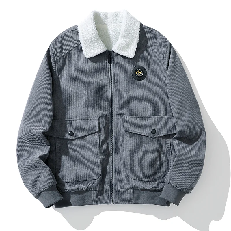Corduroy Jacket Sherpa Fleece Collar Zip Up Warm Casual Thick Coat Retro Lapel Corduroy Outerwear For Autumn Winter