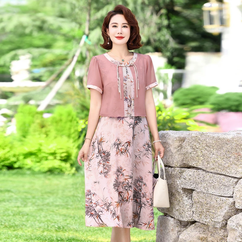 Fake two pieces Dress Summer Fashionable Slim Retro Print Knee A-line Splice Dress Loose  Dresse