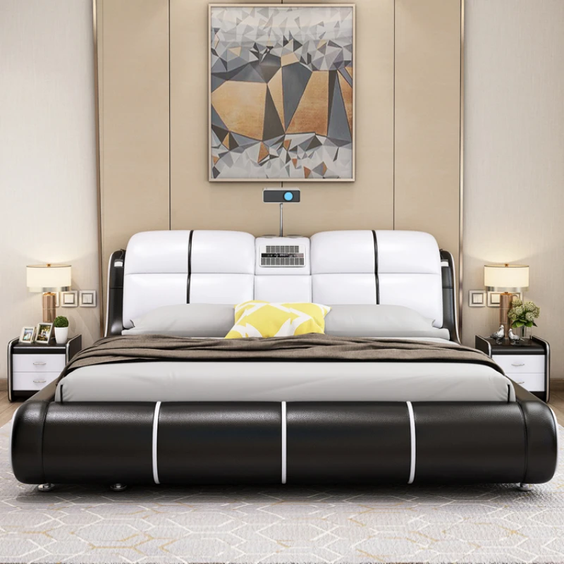 

Modern Smart Leather Bed Master Bedroom Wedding Multi-function Double Bed Storage Projection Audio Cama Furniture Home