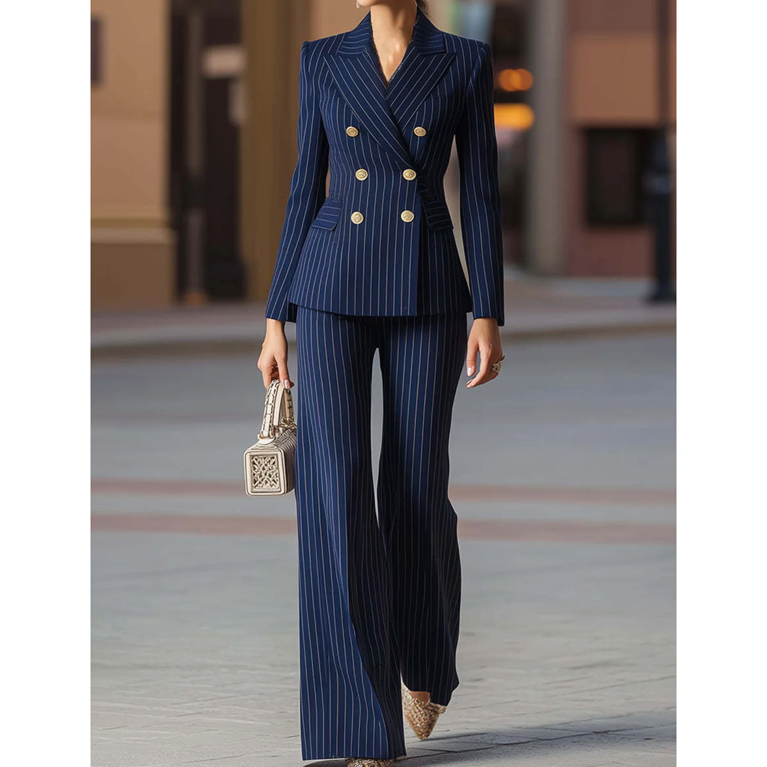 Allingentle Striped Women's Pantsuit Outfit 2 Piece Suit Blazer & Trousers Elegant for Business Casual Customize