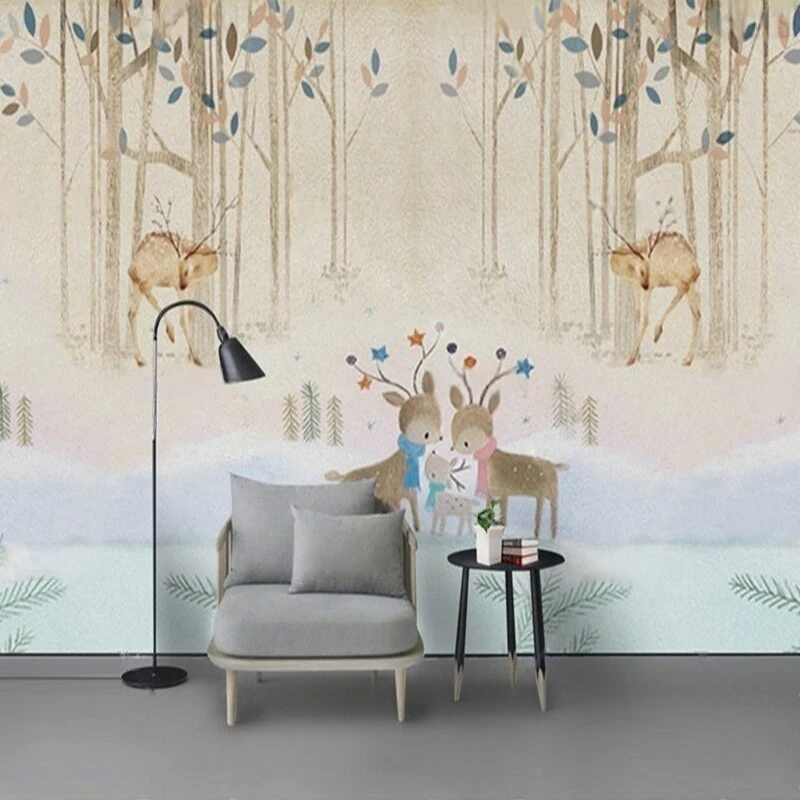 Modern Light And Fresh Minimalist Hand-Drawn Cartoon Animal Elk Forest TV Bedroom Study Wall Decoration Mural