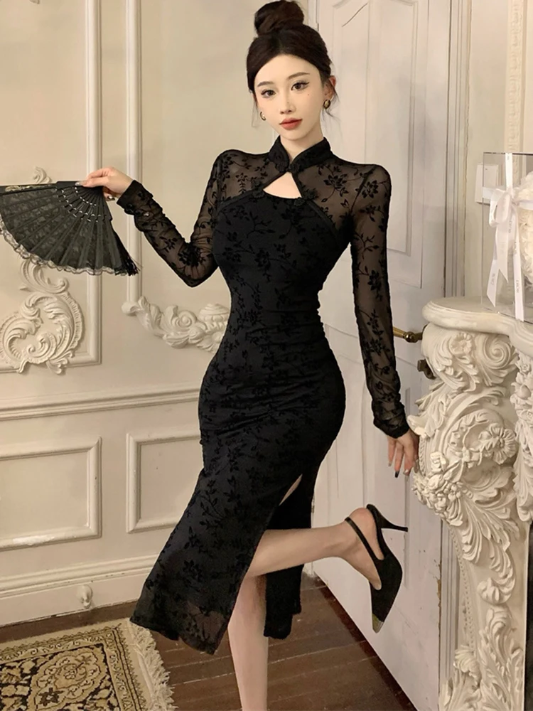 فستان أسود مثير وشفاف مرقع لعام 2025 فستان نسائي أنيق بأكمام طويلة للخريف والشتاء فساتين هيبورن كورية عتيقة #4