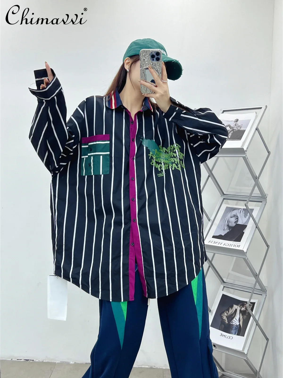 

Trendy Brand Green Striped Shirt Women Spring and Autumn New Korean Fashion Loose Casual Shirt Versatile Oversized Blouse