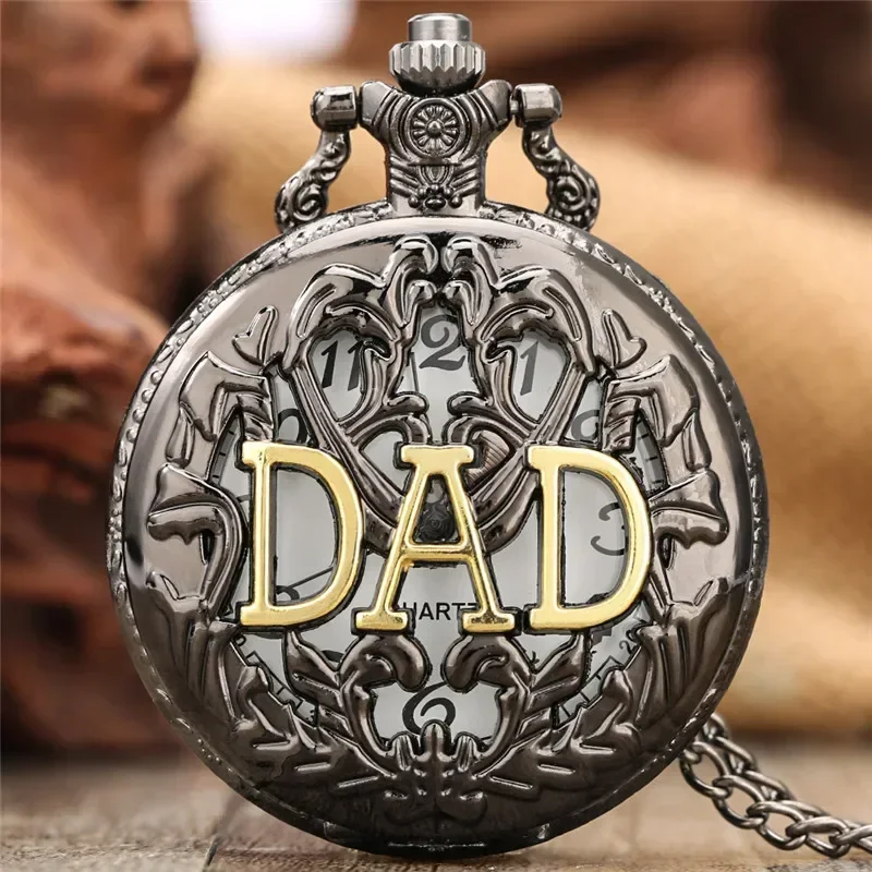 

Bronze Dad Pocket Watch Hollow Out Arabic Number Dial Quartz Movement Timepiece with Necklace Chain Vintage Father Gift