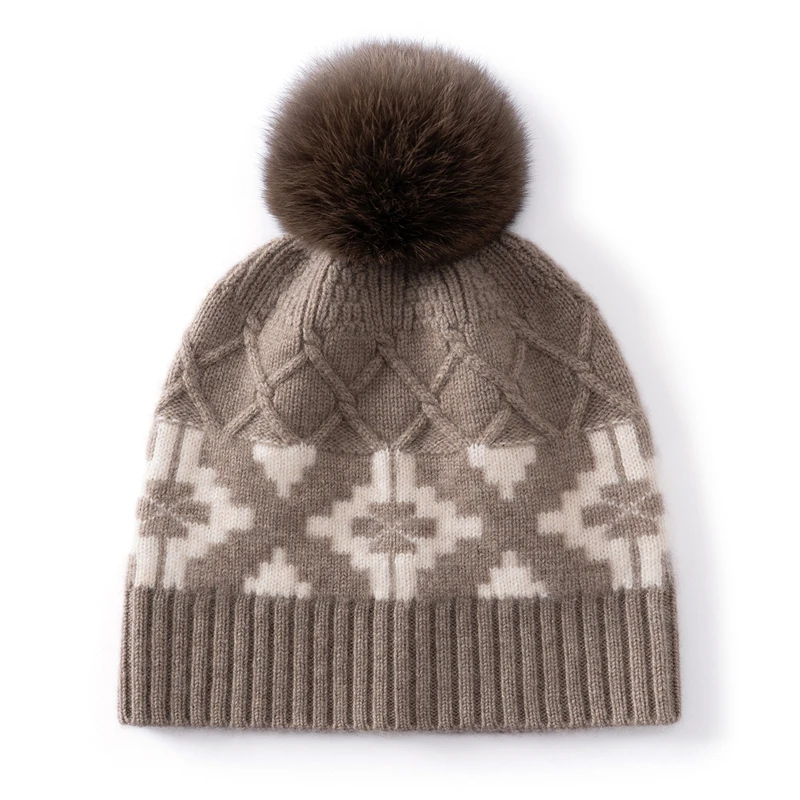 KOIJINSKY Nordic Fair Isle Jacquard Knit Beanie Hat Women Large Fluffy Fur Pom Pom Cashmere Feel Warm Winter Hat Ethnic Geometri