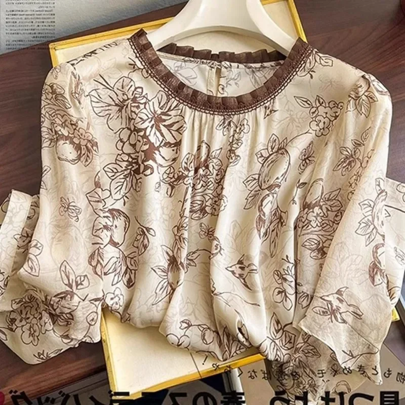 

Chiffon Vintage Women Blouses Summer Prints Women's Shirts O-necks 2024 Clothing Sales Loose Short Sleeve Casual Tops