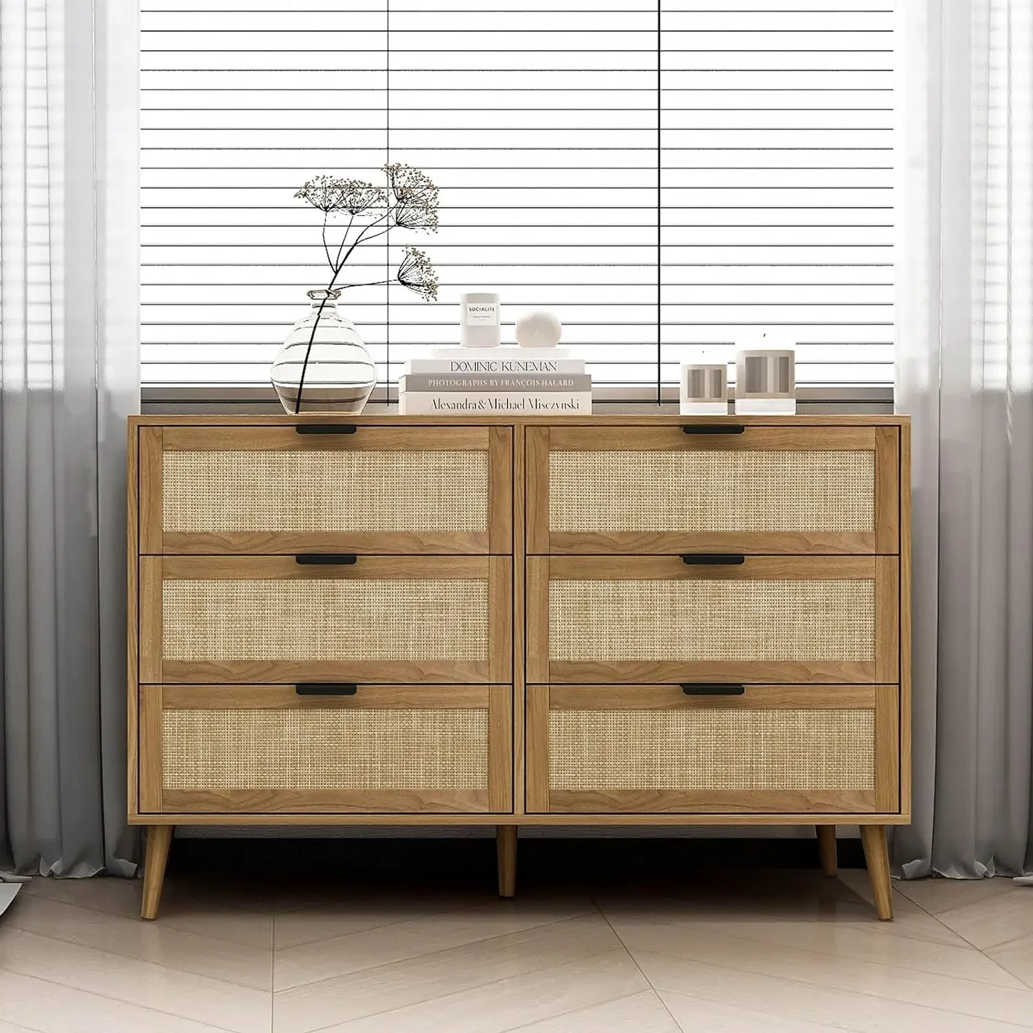 Peito de gavetas com alças de metal e madeira pinho pernas, Rattan Dresser, Boho Wide Dresser, Quarto, 6 gavetas