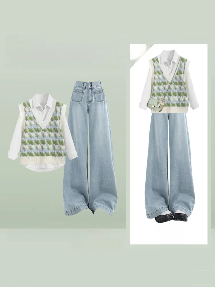 

Осенне-зимний вязаный клетчатый жилет irt, джинсовый комплект футболок, женский нежный комплект для колледжа Faion с длинным воротником све