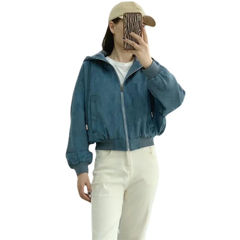

European And American Retro Suede Jacket for Women Long Sleeve Hooded Slim Fit Zipper Side Bag Rib Hem