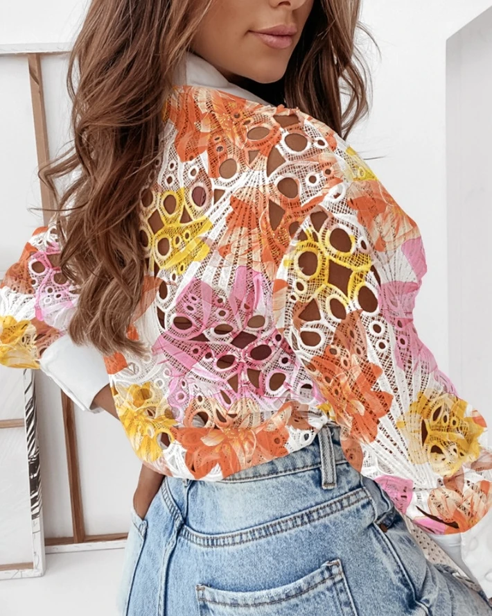 

Women's Tie Dye Print Blouses Summer New Fashion Turn-Down Collar Long Sleeve Button Front Shirt Female Casual Hollow-Out Top