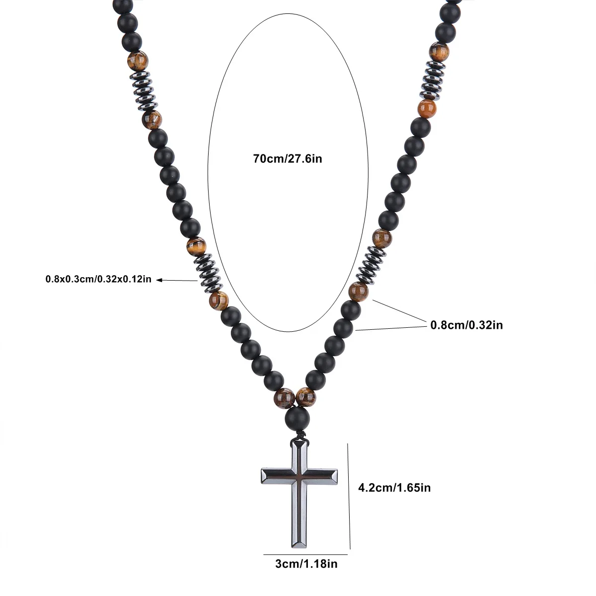 8mm Black Obsidian Tiger-eye Beaded Necklace with Hematite Cross Pendant for Men