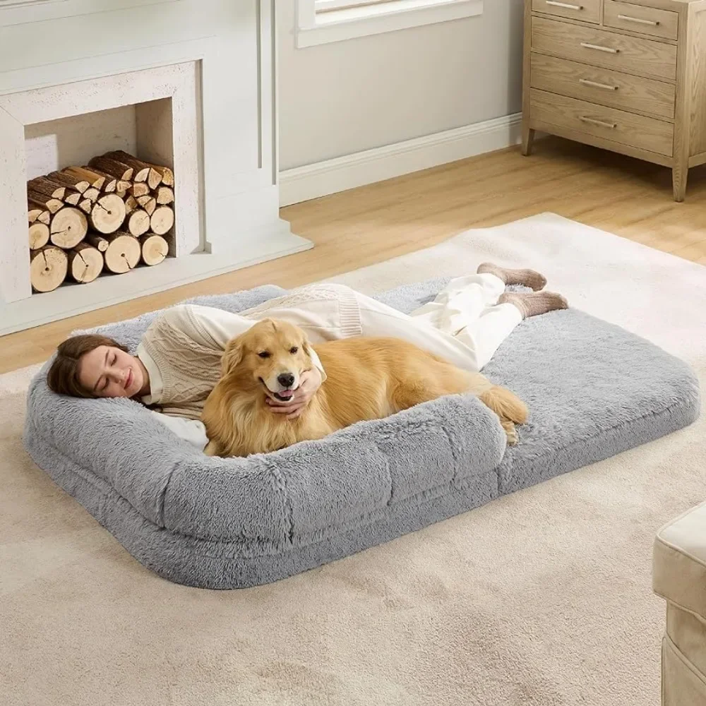 

Foldable Human Dog Bed for People Adults,2 in 1 Mat and Waterproof Liner, Faux Fur Orthopedic Dogs Sofa, Light Grey Doghouse