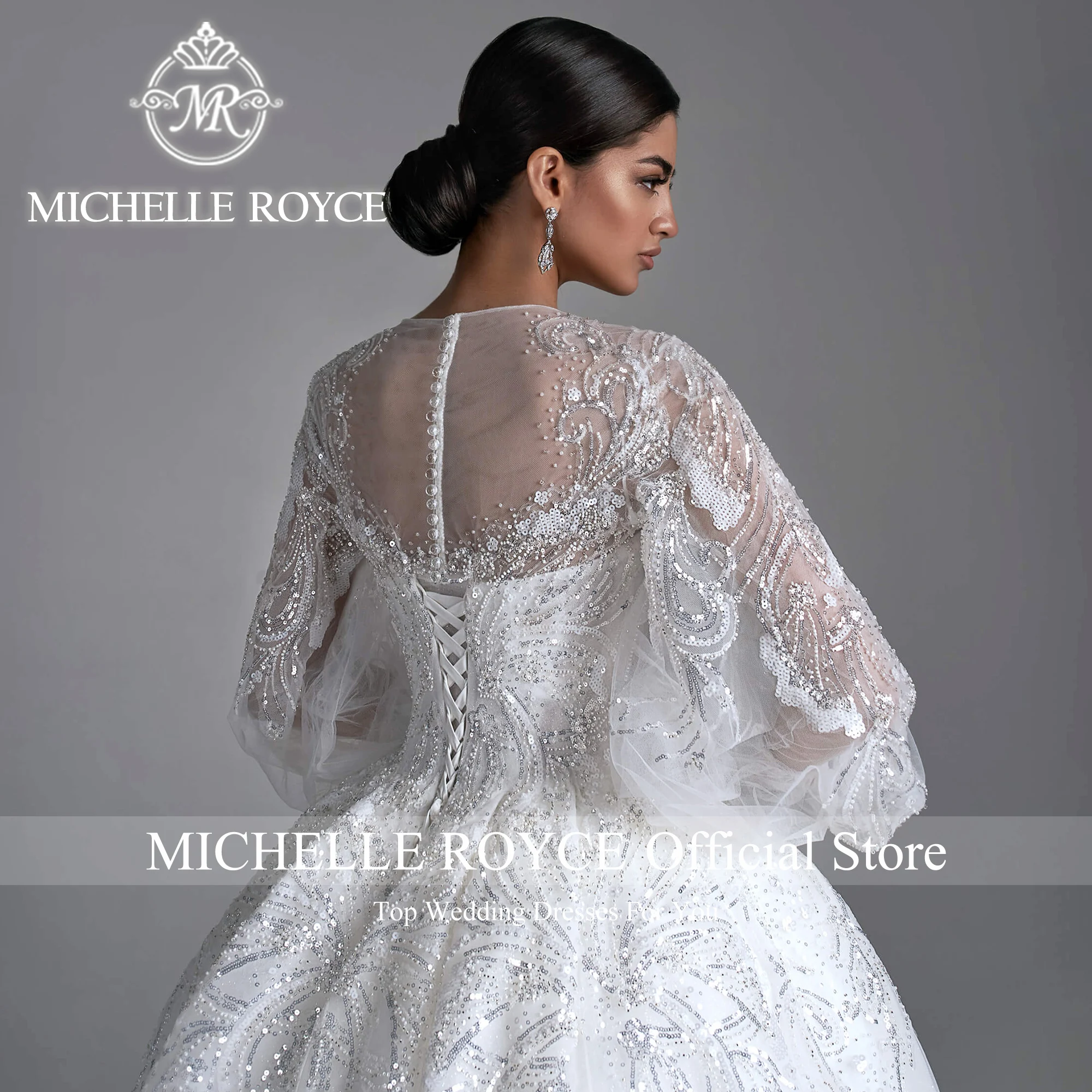 Michelle Royce Ball Gown Wedding Dresses For Woman Puff Sleeve Invisible Neckline Sequined Wedding Gown Vestidos De Novia