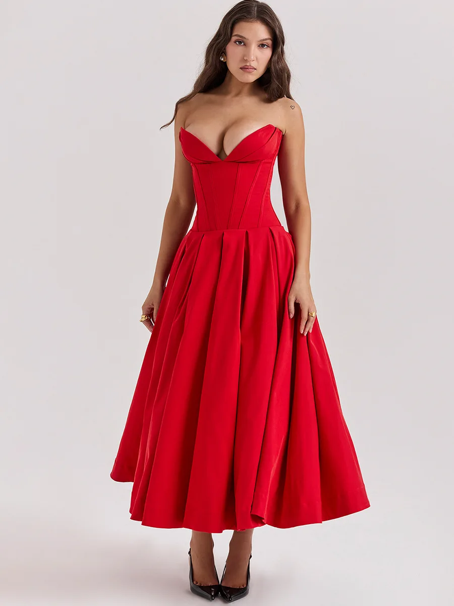 Dames Strapless Midi Tule Jurk Scharlaken Formele Gelegenheid Strapless Jurk Sexy Elegante Pasvorm En Flare Verjaardagsfeestjurken Rood