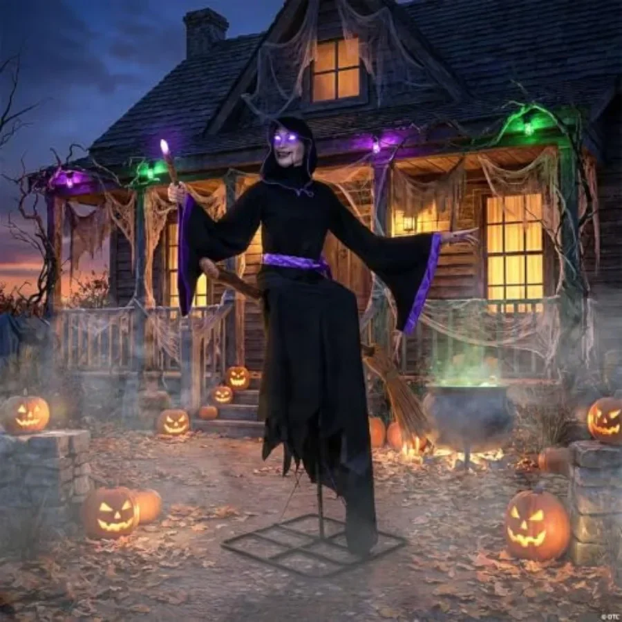 Halloween decoration: 8 Ft. animated light-up hovering witch with broom wand, PVC material, black and purple, motion-activated