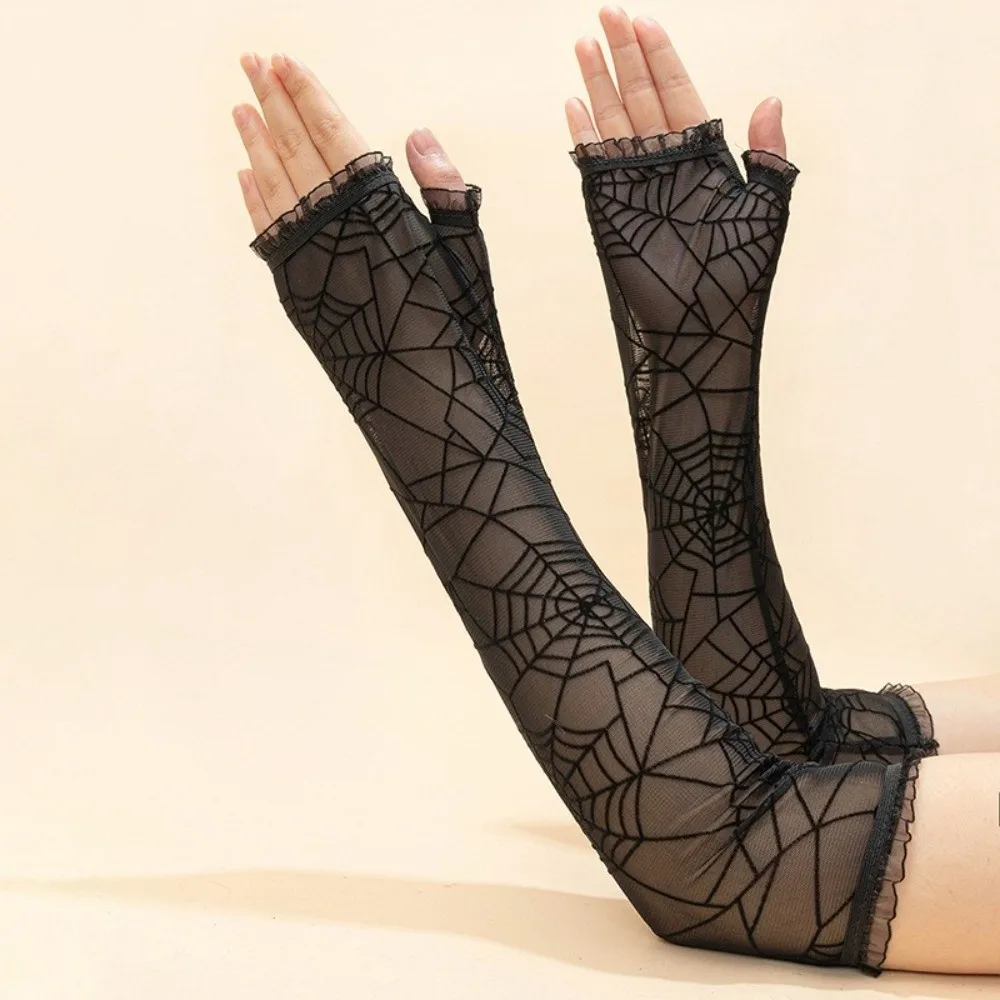 Fashion Thin Halloween Gloves Lolita Long Spider Web Gloves Gothic Half-Finger Mesh Mitten Driving