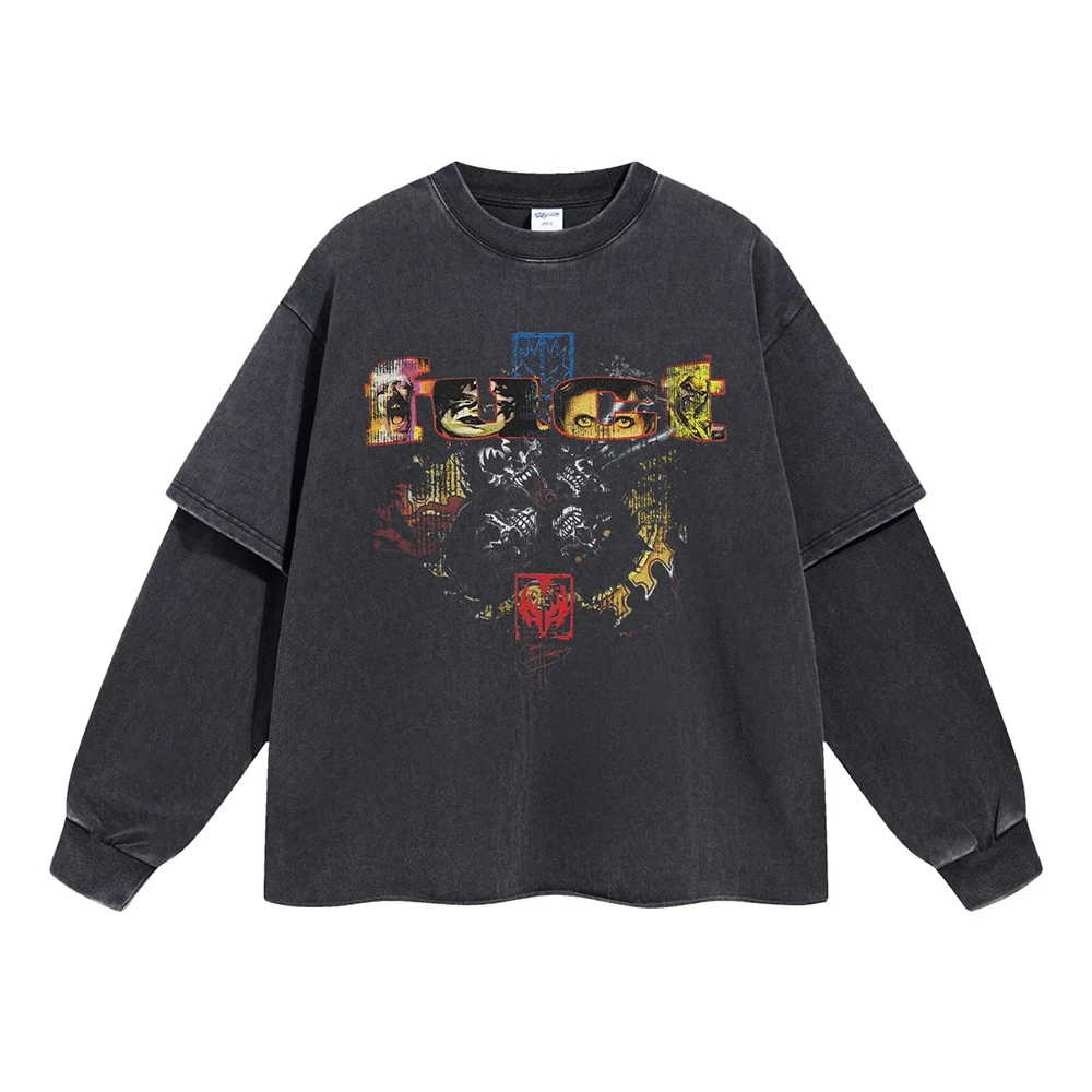 Rock Grunge Punk Print Oversized T-shirt Gothic Men's Clothing Patchwork Long Sleeve T Shirts Retro Washed Cotton Tops Y2k Tees