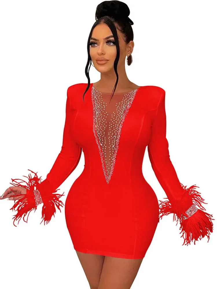 

Feather Rhinestone Mesh Bodycon Mini Dress Women Night Club See Through Outfits Party Evening Sexy Diamond Prom Short Dresses